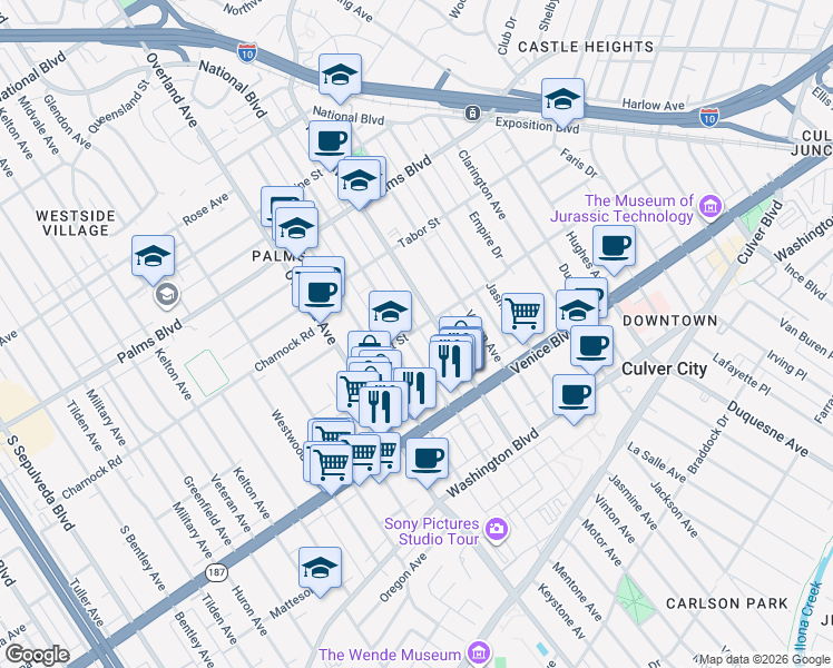 map of restaurants, bars, coffee shops, grocery stores, and more near 10420 Regent Street in Los Angeles
