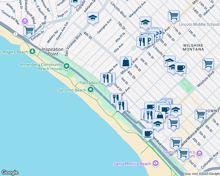 map of restaurants, bars, coffee shops, grocery stores, and more near 801 Ocean Avenue in Santa Monica