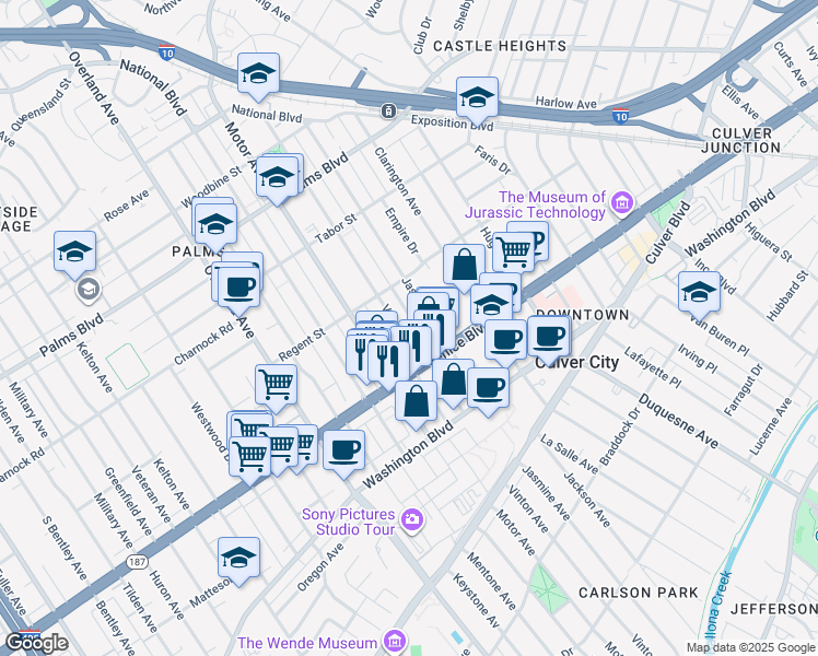 map of restaurants, bars, coffee shops, grocery stores, and more near 3760 Motor Avenue in Los Angeles