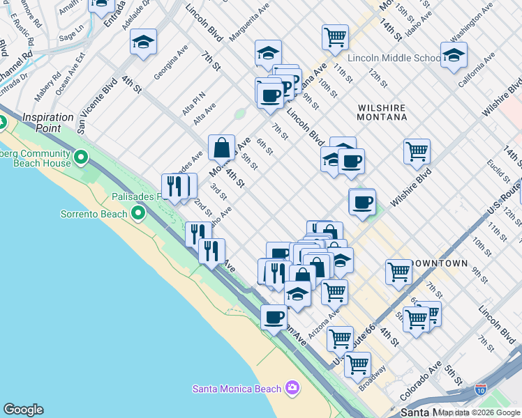 map of restaurants, bars, coffee shops, grocery stores, and more near 938 4th Street in Santa Monica