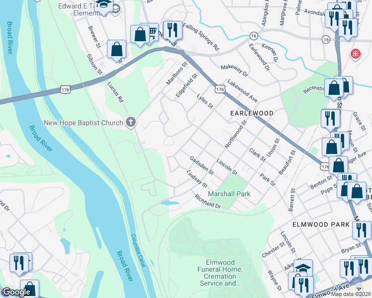 map of restaurants, bars, coffee shops, grocery stores, and more near 3216 Gadsden Street in Columbia