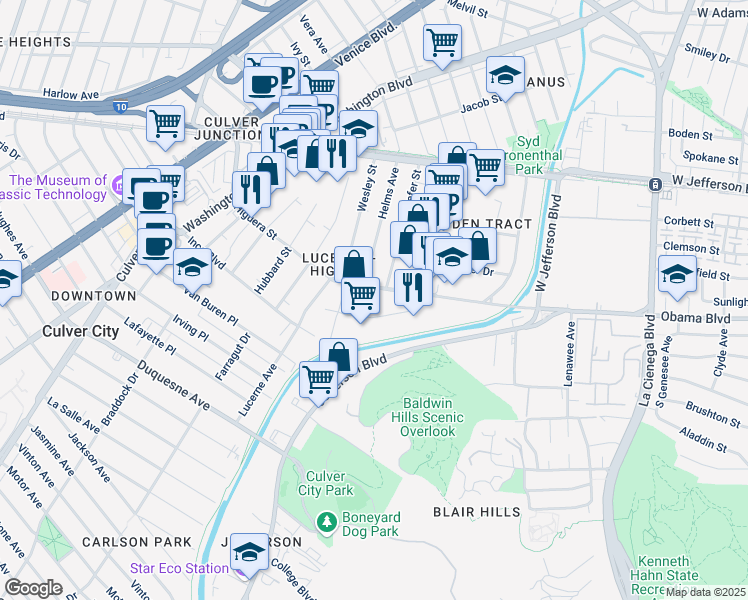map of restaurants, bars, coffee shops, grocery stores, and more near 3648 Helms Avenue in Culver City