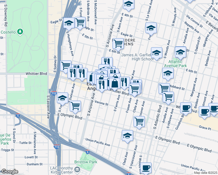 map of restaurants, bars, coffee shops, grocery stores, and more near 750 South Kern Avenue in East Los Angeles