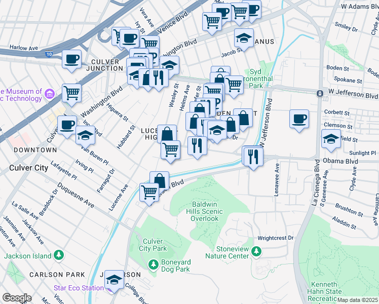 map of restaurants, bars, coffee shops, grocery stores, and more near 8567 Higuera Street in Culver City