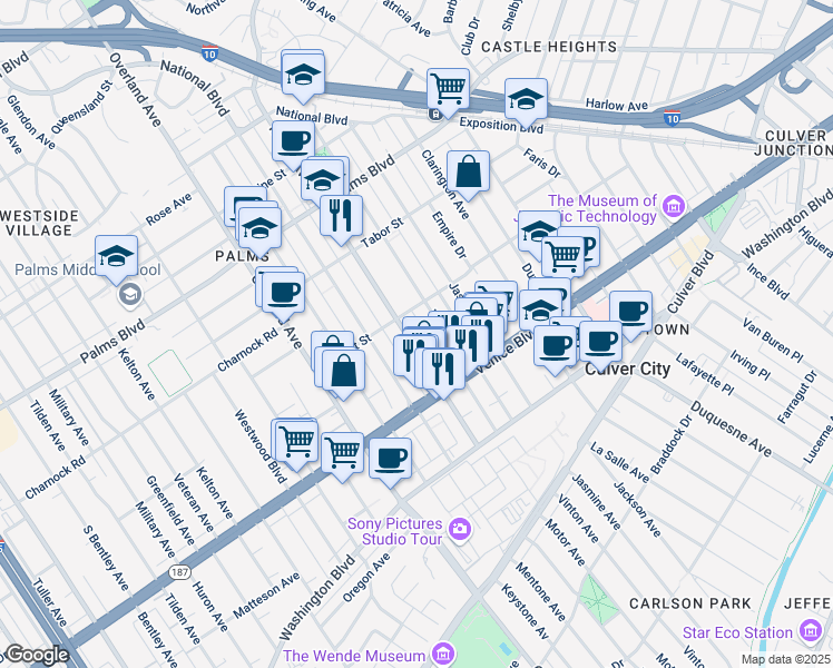 map of restaurants, bars, coffee shops, grocery stores, and more near 3690 Motor Avenue in Los Angeles