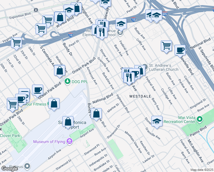 map of restaurants, bars, coffee shops, grocery stores, and more near 2752 South Westgate Avenue in Los Angeles