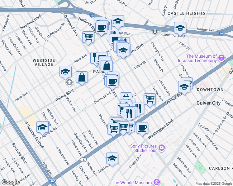 map of restaurants, bars, coffee shops, grocery stores, and more near 3644 Overland Avenue in Los Angeles