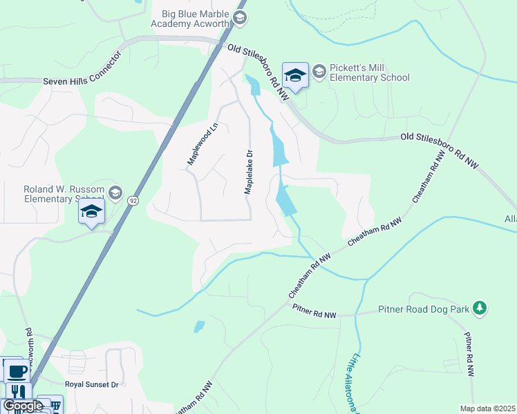 map of restaurants, bars, coffee shops, grocery stores, and more near 460 Maplelake Drive in Acworth