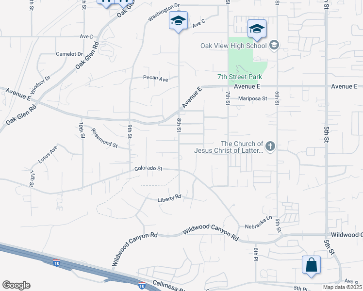 map of restaurants, bars, coffee shops, grocery stores, and more near 33713 Fairview Drive in Yucaipa