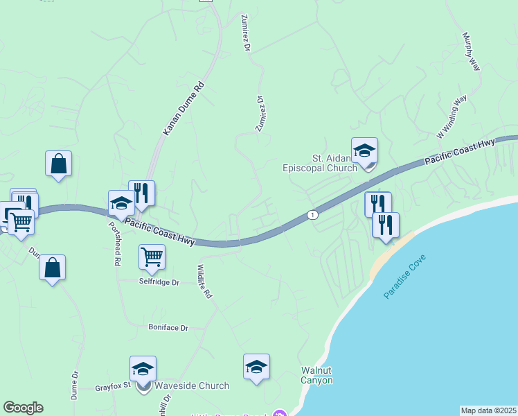 map of restaurants, bars, coffee shops, grocery stores, and more near 6471 Zuma View Place in Malibu