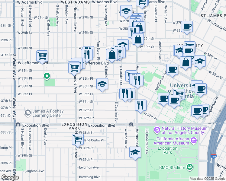 map of restaurants, bars, coffee shops, grocery stores, and more near 1201 West 36th Street in Los Angeles