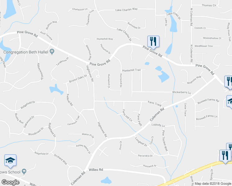 map of restaurants, bars, coffee shops, grocery stores, and more near 650 Hunterhill Court in Roswell