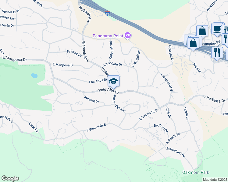 map of restaurants, bars, coffee shops, grocery stores, and more near 30800 Palo Alto Drive in Redlands