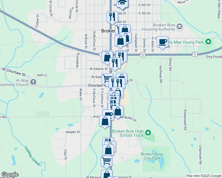 map of restaurants, bars, coffee shops, grocery stores, and more near 503 South Park Drive in Broken Bow