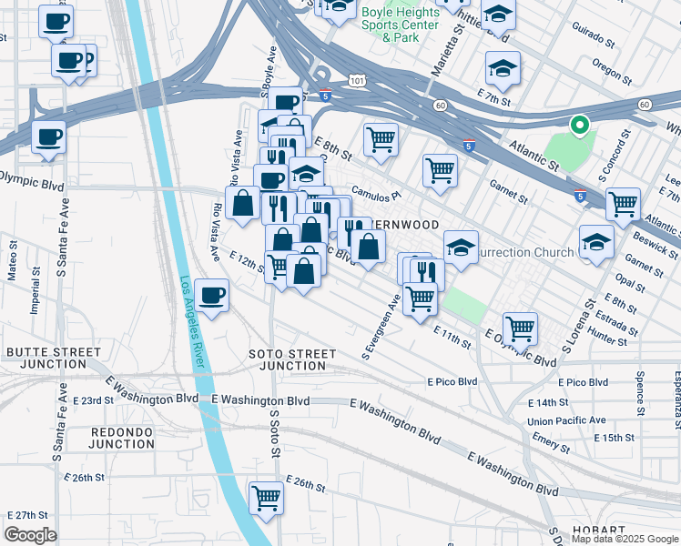 map of restaurants, bars, coffee shops, grocery stores, and more near 2855 East Olympic Boulevard in Los Angeles