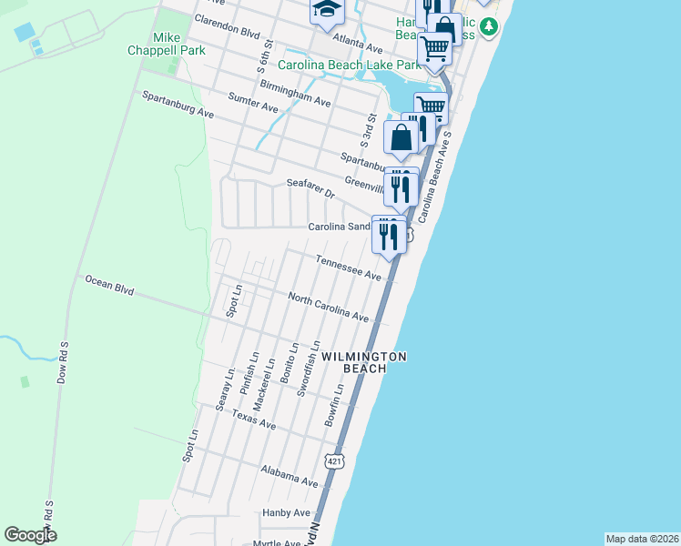 map of restaurants, bars, coffee shops, grocery stores, and more near 1119 Swordfish Lane in Carolina Beach