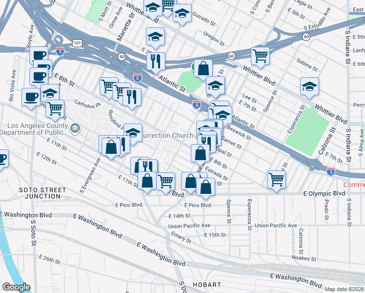 map of restaurants, bars, coffee shops, grocery stores, and more near 3300 East 8th Street in Los Angeles
