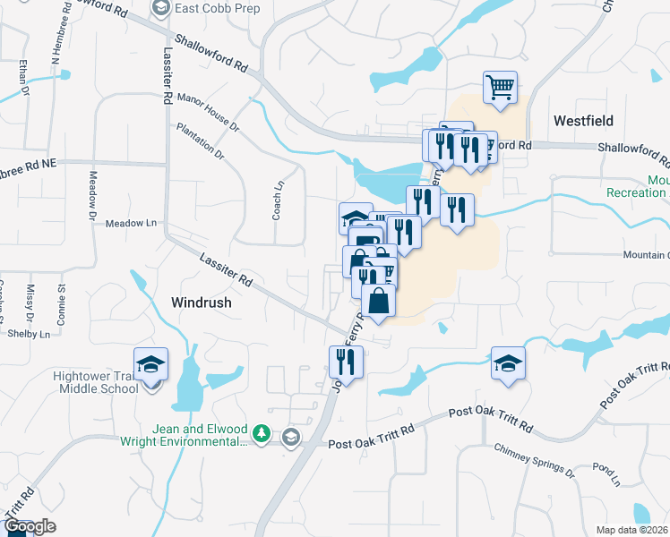map of restaurants, bars, coffee shops, grocery stores, and more near 3025 Waterfront Circle in Marietta