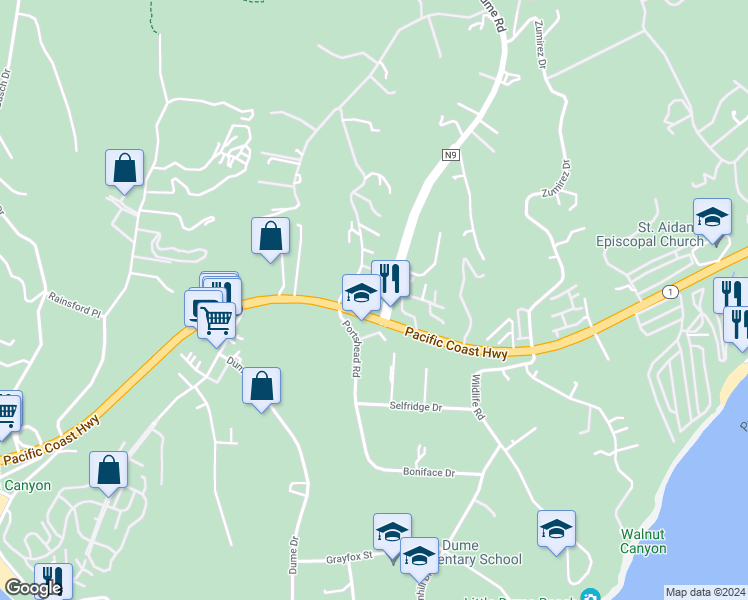 map of restaurants, bars, coffee shops, grocery stores, and more near 6451 Kanan Dume Road in Malibu