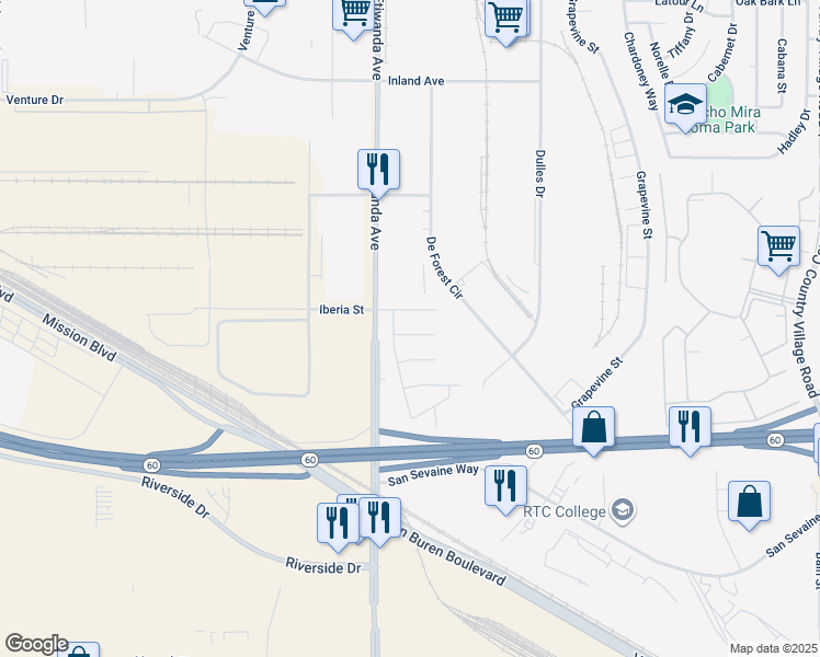 map of restaurants, bars, coffee shops, grocery stores, and more near 10961 Iberia Street in Jurupa Valley