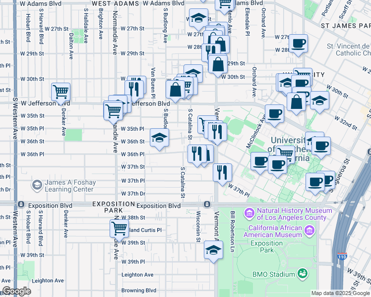map of restaurants, bars, coffee shops, grocery stores, and more near 1201 West 36th Street in Los Angeles