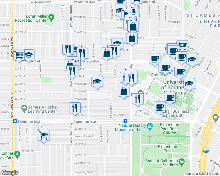 map of restaurants, bars, coffee shops, grocery stores, and more near 1201 West 36th Street in Los Angeles