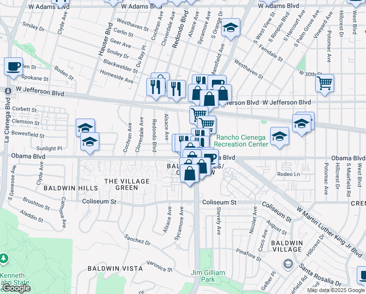 map of restaurants, bars, coffee shops, grocery stores, and more near 3513 South Sycamore Avenue in Los Angeles