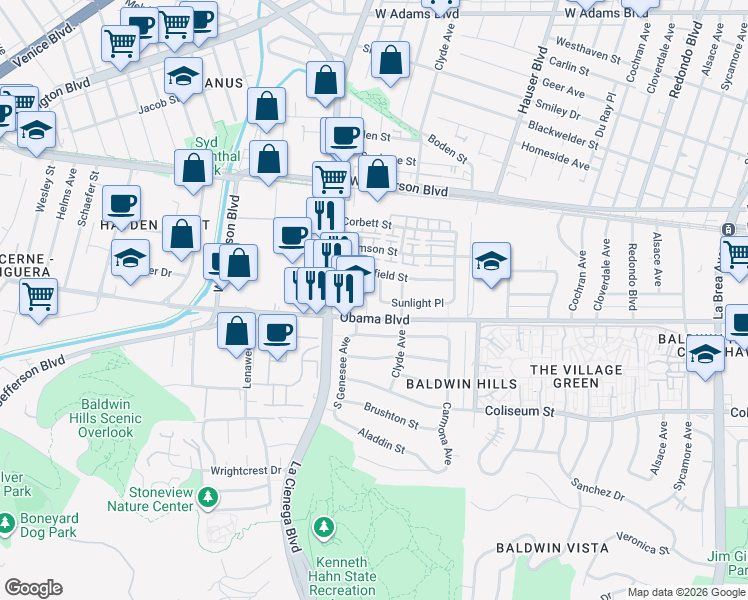 map of restaurants, bars, coffee shops, grocery stores, and more near 5752 Bowesfield Street in Los Angeles