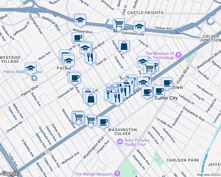 map of restaurants, bars, coffee shops, grocery stores, and more near 3690 Motor Avenue in Los Angeles