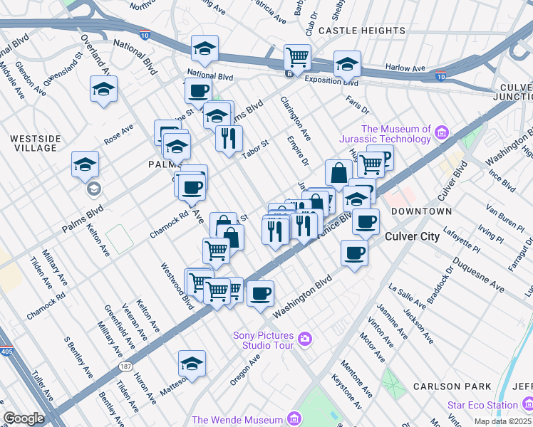map of restaurants, bars, coffee shops, grocery stores, and more near 3690 Motor Avenue in Los Angeles