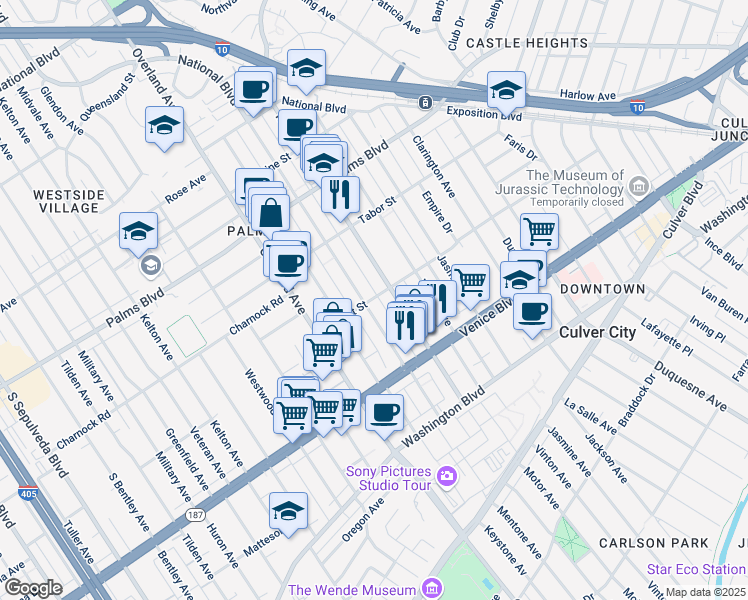 map of restaurants, bars, coffee shops, grocery stores, and more near 3662 Mentone Avenue in Los Angeles