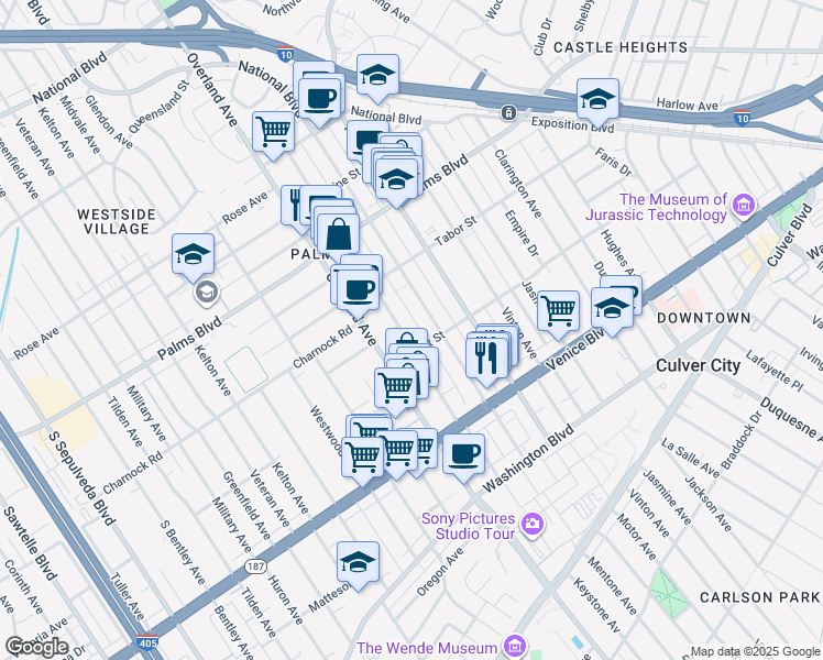 map of restaurants, bars, coffee shops, grocery stores, and more near 3636 Keystone Avenue in Los Angeles