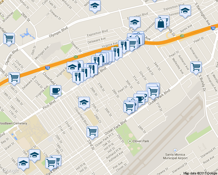 map of restaurants, bars, coffee shops, grocery stores, and more near 2308 28th Street in Santa Monica