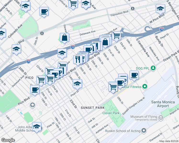 map of restaurants, bars, coffee shops, grocery stores, and more near 2244 27th Street in Santa Monica