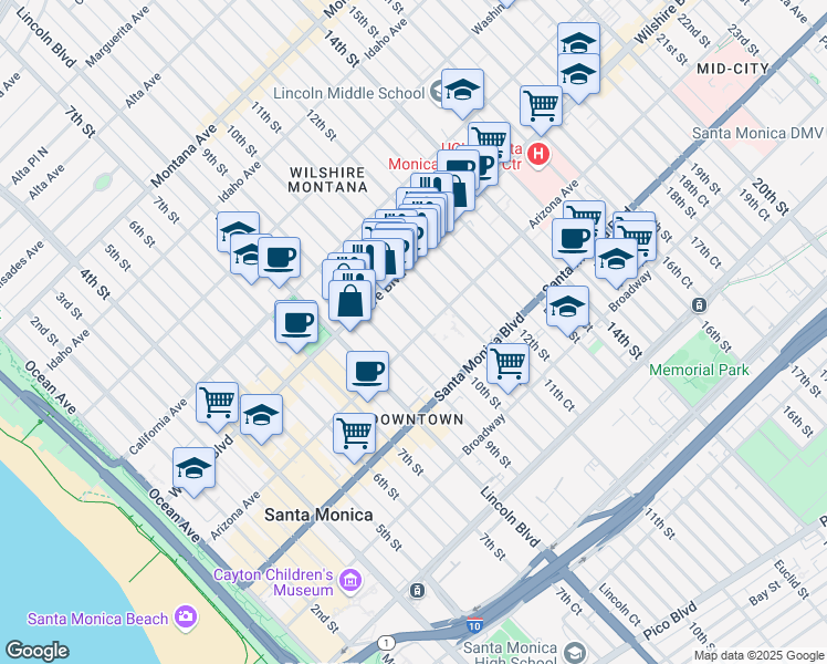 map of restaurants, bars, coffee shops, grocery stores, and more near 1247 10th Court in Santa Monica