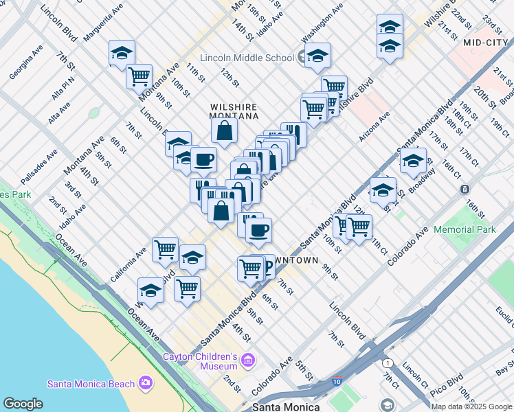 map of restaurants, bars, coffee shops, grocery stores, and more near 829 Wilshire Boulevard in Santa Monica