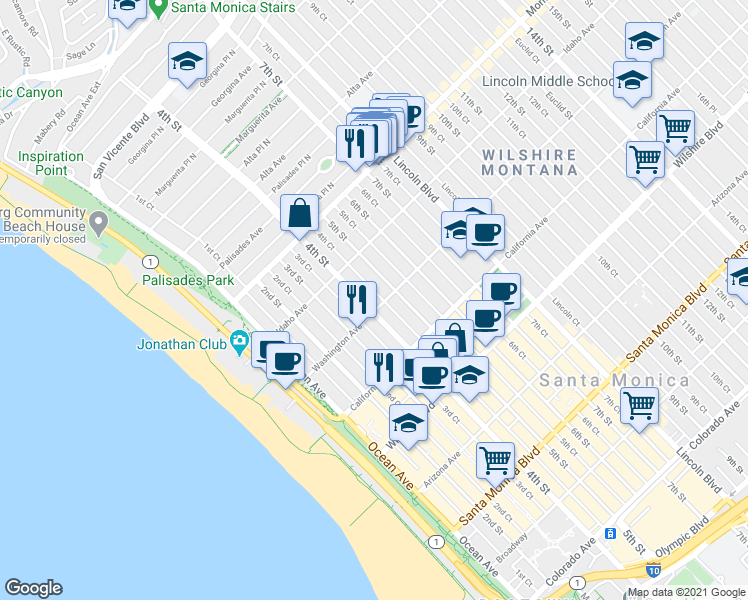 map of restaurants, bars, coffee shops, grocery stores, and more near 930 5th Street in Santa Monica