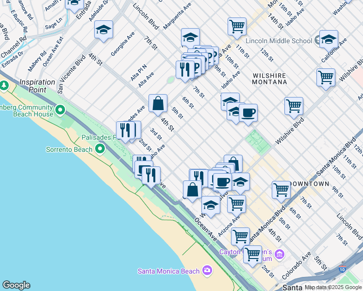 map of restaurants, bars, coffee shops, grocery stores, and more near in Santa Monica