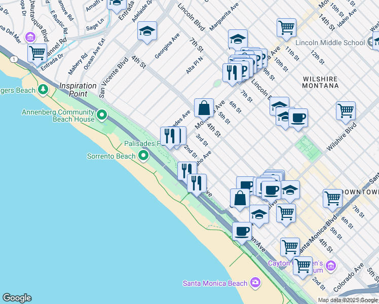 map of restaurants, bars, coffee shops, grocery stores, and more near 801 2nd Street in Santa Monica