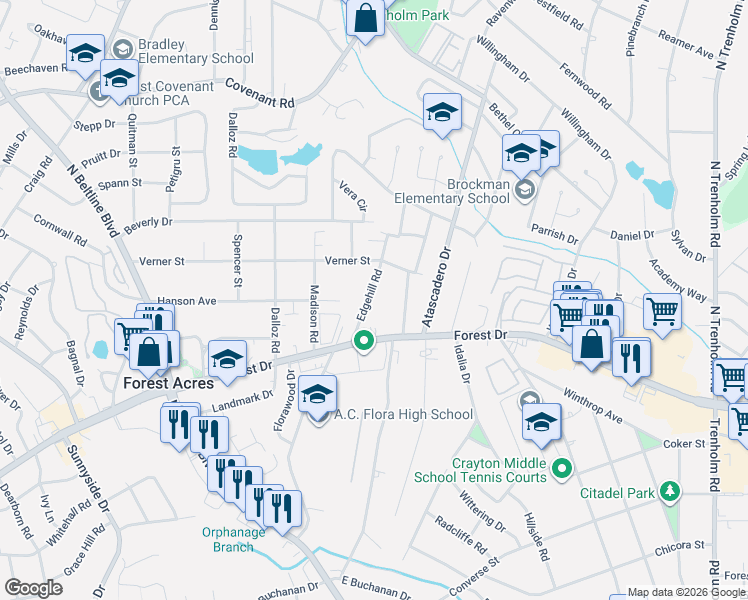 map of restaurants, bars, coffee shops, grocery stores, and more near 1620 Edgehill Road in Columbia