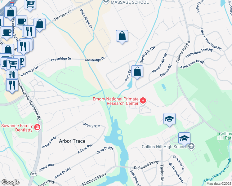 map of restaurants, bars, coffee shops, grocery stores, and more near 210 Paris Drive in Lawrenceville