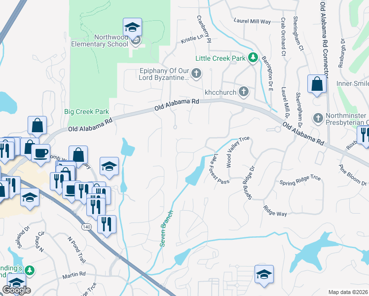 map of restaurants, bars, coffee shops, grocery stores, and more near 1010 Lake Haven Court in Roswell