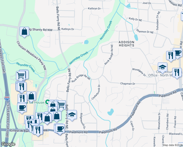 map of restaurants, bars, coffee shops, grocery stores, and more near 201 Vistawood Lane Northeast in Marietta