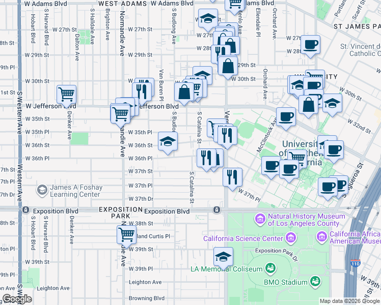 map of restaurants, bars, coffee shops, grocery stores, and more near 1201 West 36th Place in Los Angeles