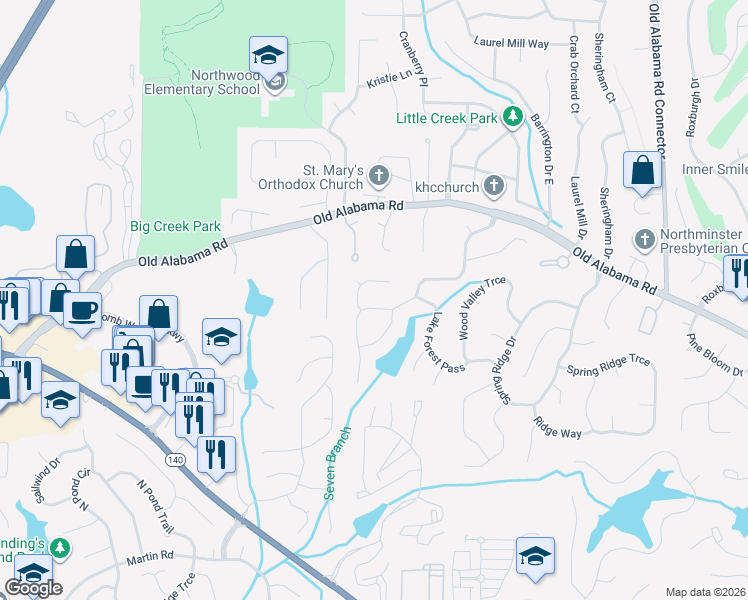 map of restaurants, bars, coffee shops, grocery stores, and more near 1010 Lake Haven Court in Roswell
