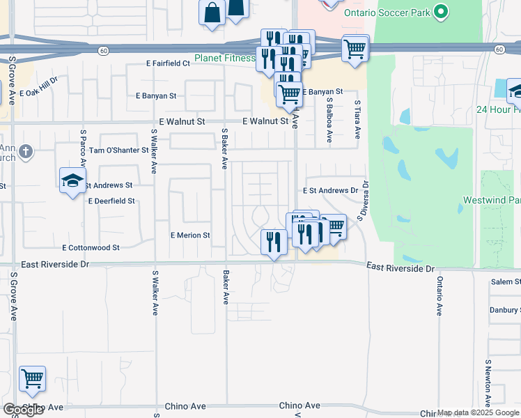 map of restaurants, bars, coffee shops, grocery stores, and more near 1855 East Riverside Drive in Ontario