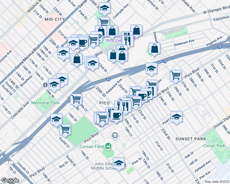 map of restaurants, bars, coffee shops, grocery stores, and more near 2032 Delaware Avenue in Santa Monica