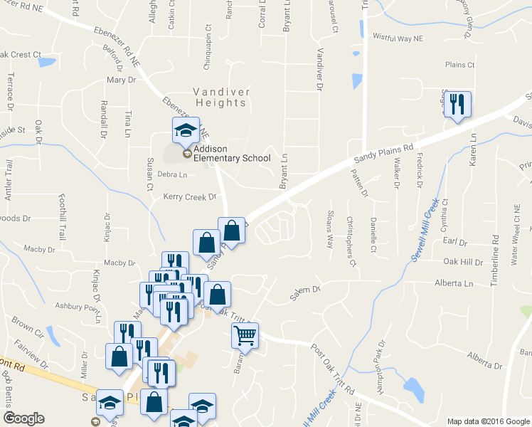 map of restaurants, bars, coffee shops, grocery stores, and more near 2220 Rosemoore Walk in Marietta