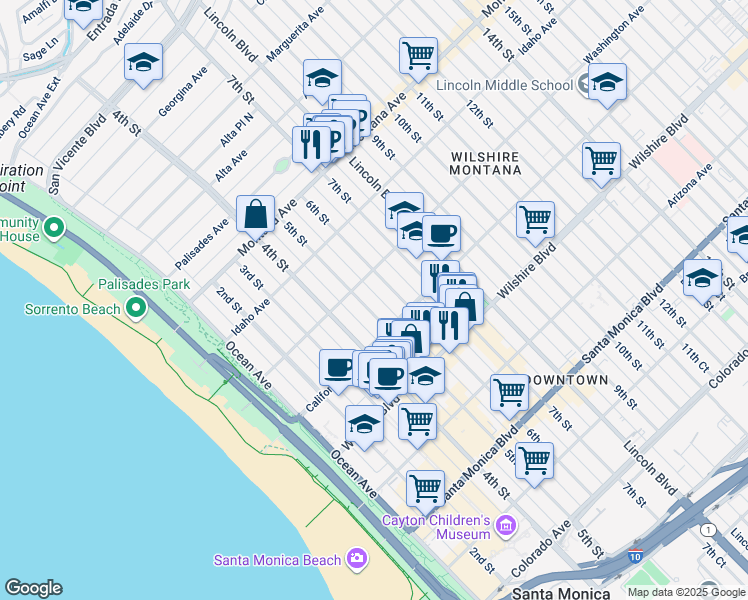 map of restaurants, bars, coffee shops, grocery stores, and more near 1021 5th Court in Santa Monica