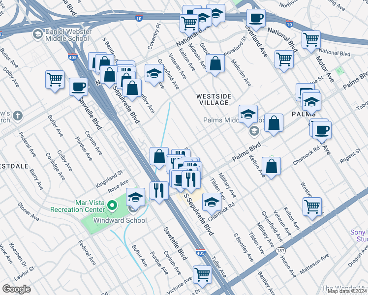 map of restaurants, bars, coffee shops, grocery stores, and more near 11081 Rose Avenue in Los Angeles